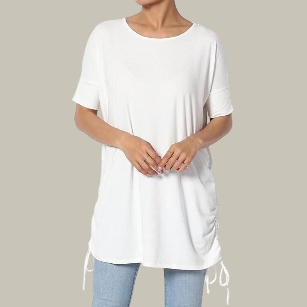 NWT ZENANA PREMIUM Soft Knit RUCHED TIE SIDES White CUFF Tunic Top/Blouse 3X